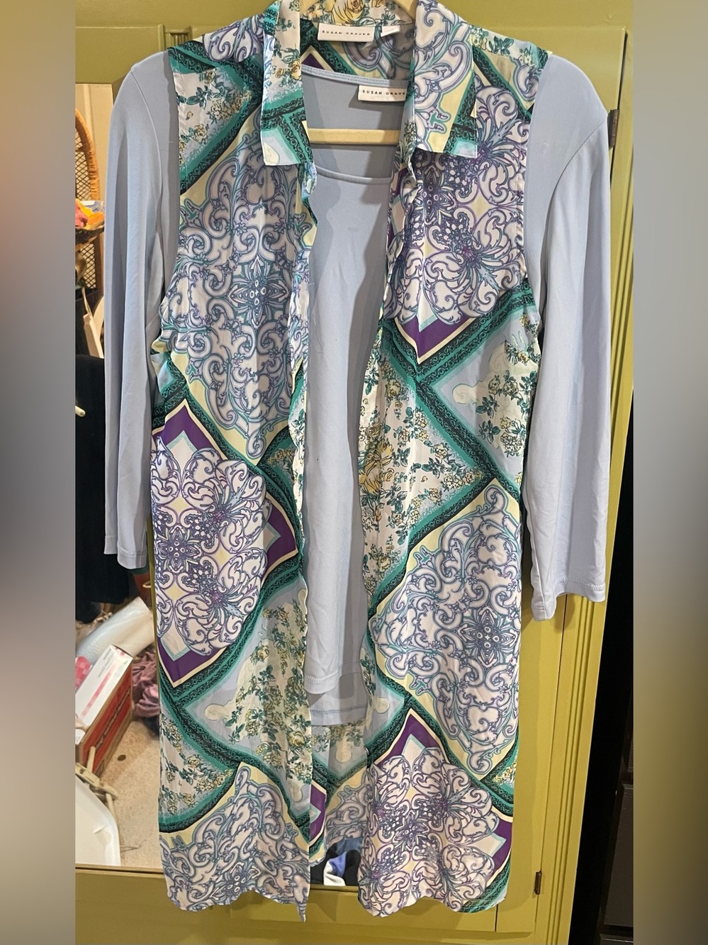 Light Blue Layered set with Scarf-Print Long Vest Jacket and long sleeve shirt
